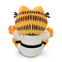 Kidrobot Garfield karate gi plush, side view, ideal shelf display for fans.
