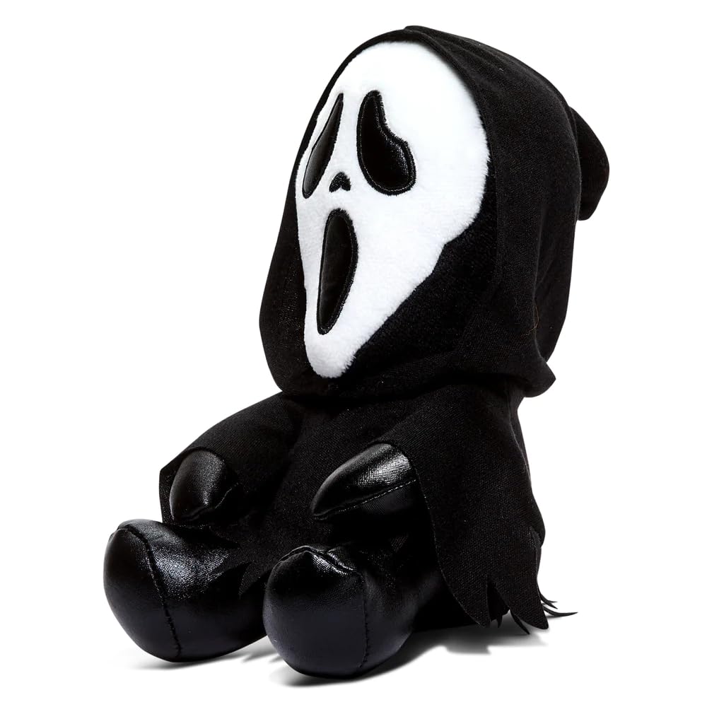 Close-up of Ghost Face plush face, highlighting soft fur and huggable texture.