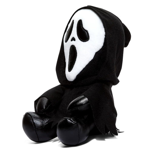 Close-up of Ghost Face plush face, highlighting soft fur and huggable texture.