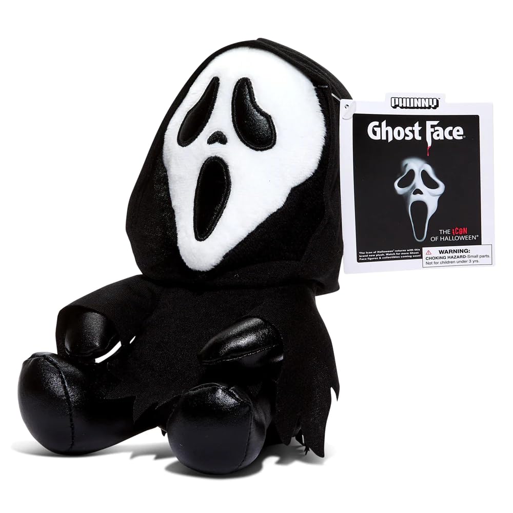 Gift-ready Ghost Face plush from Kidrobot, ideal for birthdays and fans.