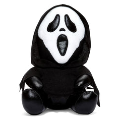 Kidrobot Ghost Face 8-inch plush in seated pose, perfect for shelf display and cozy cuddles.
