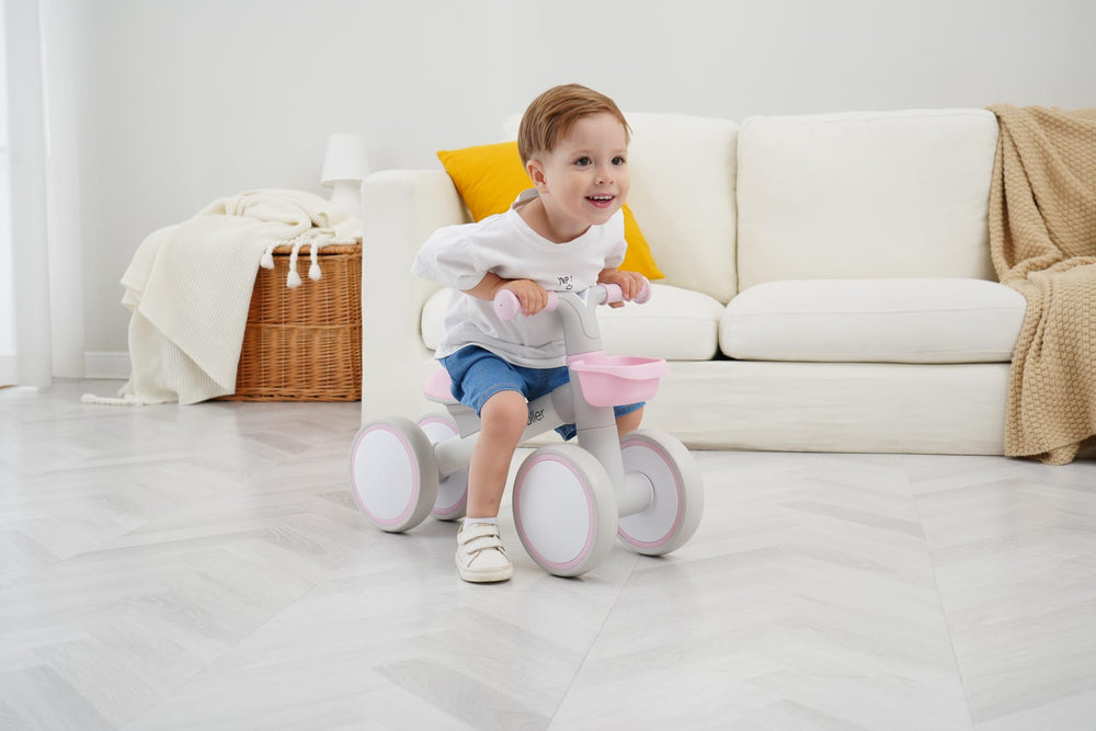 Pink KidRoller balance bike featuring an ergonomic cushioned seat for comfort.