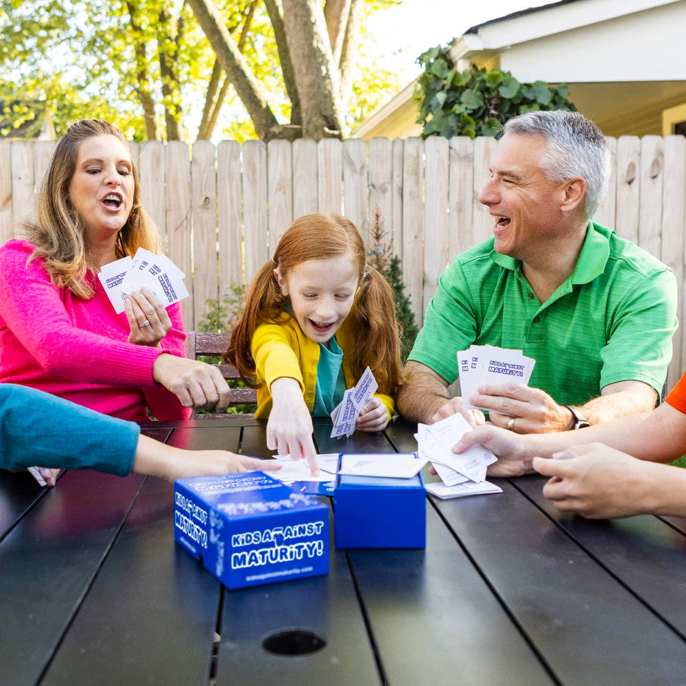 Kids Against Maturity includes 10 white answer cards for fast turns