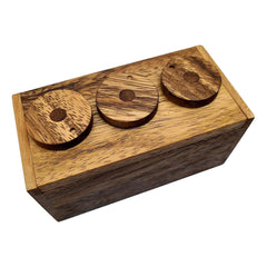 Kids Play 3-Wheel Combination Secret Lock Puzzle Box front view, compact wooden design for hiding a small item.