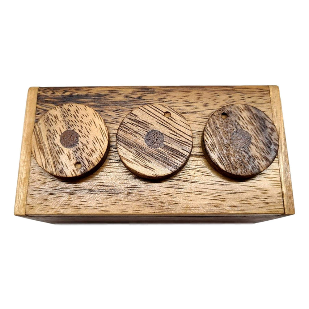 Kids Play 3-Wheel Combination Secret Lock Puzzle Box hinged-lid open, inviting curiosity and problem solving.