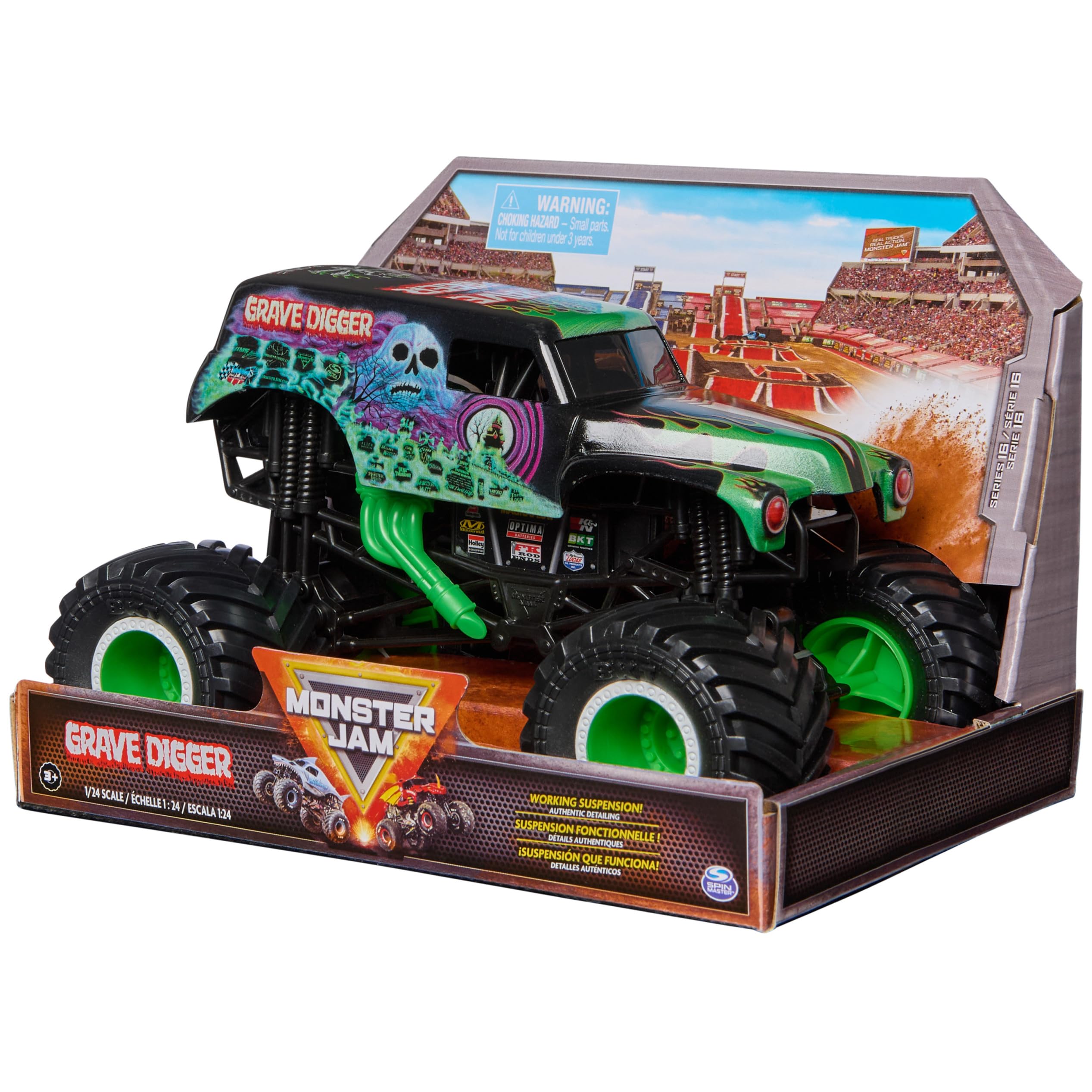 Kid playing with Monster Jam Grave Digger for imaginative action scenes