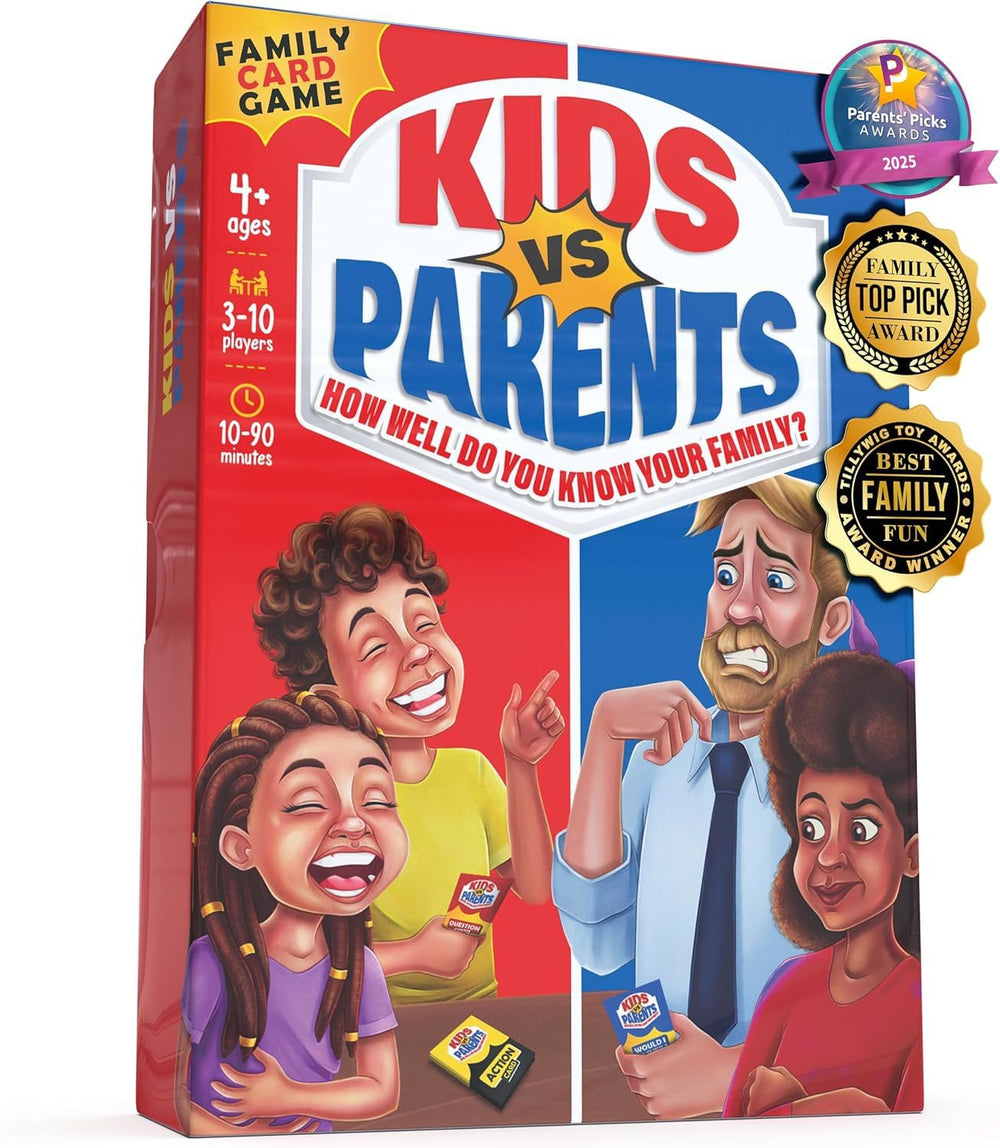 Kids VS Parents face-off card game setup on table for a fun family night