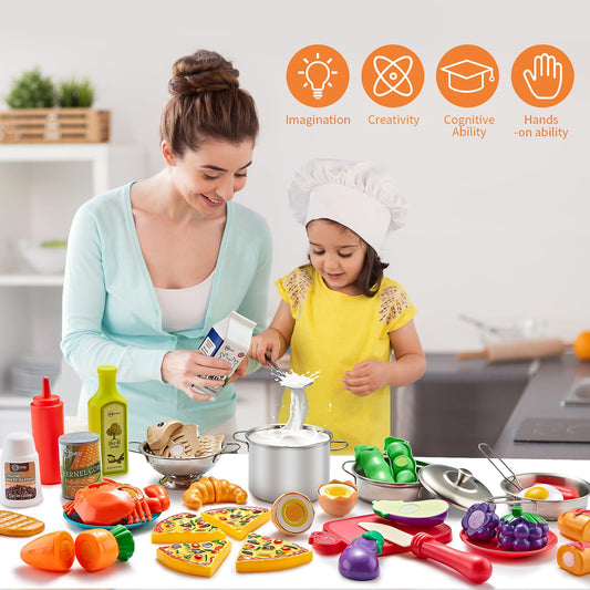 Kidsciety play food with sliceable fruits and vegetables for interactive kitchen learning.