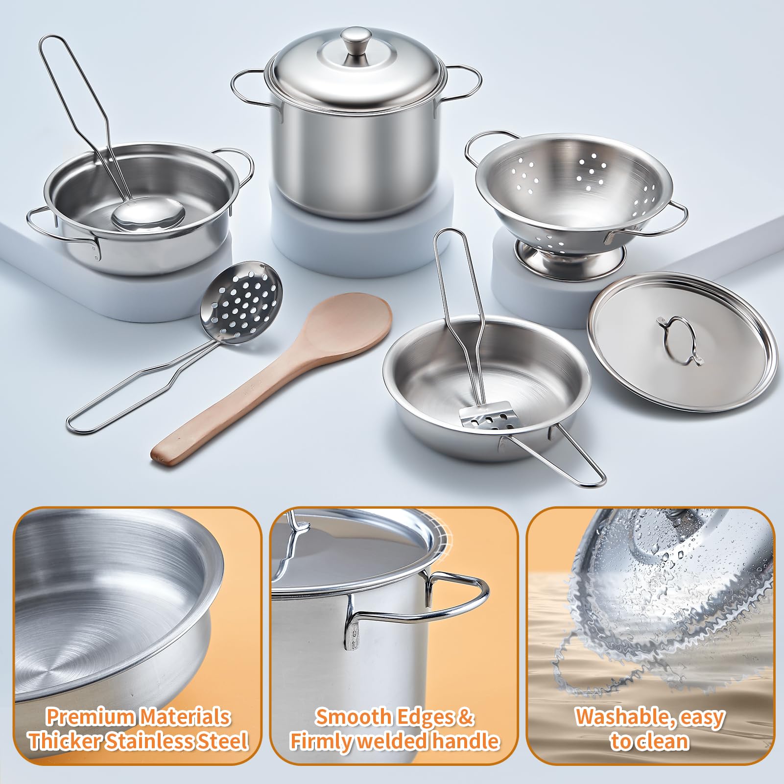 Kidsciety stainless steel cookware offers durable, safe pretend play and easy cleaning.