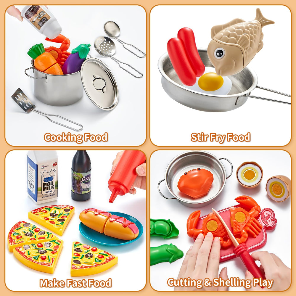 Kidsciety toy food featuring pizza and hotdogs for realistic pretend cooking.