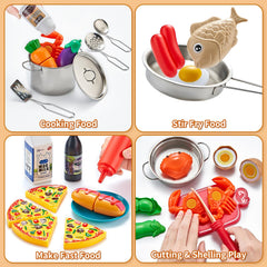 Kidsciety toy food featuring pizza and hotdogs for realistic pretend cooking.