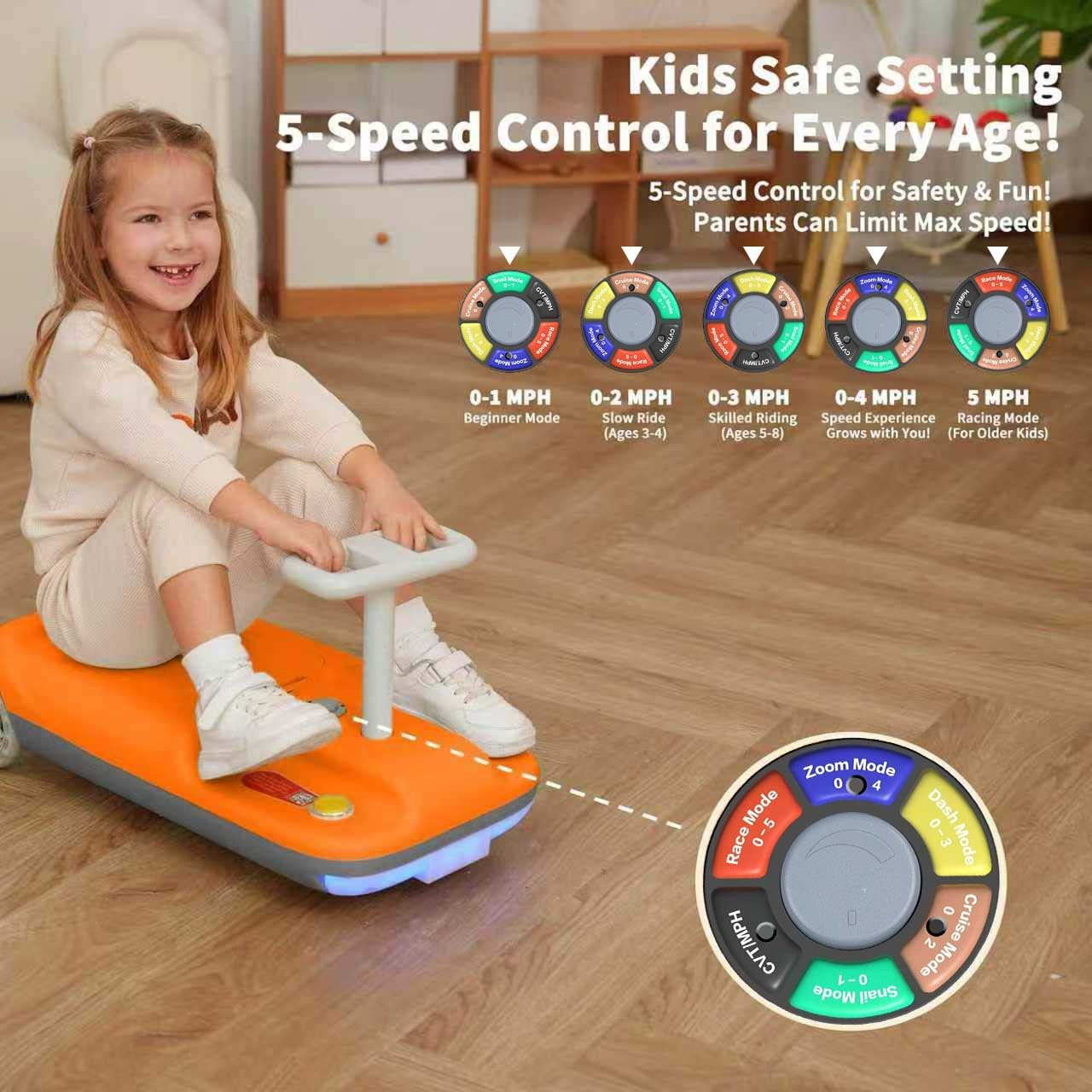 Kidscleancar 5-speed control panel enables adjustable speed for beginners.