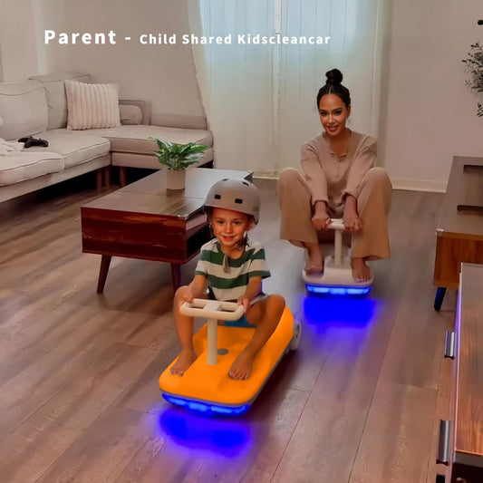 Kidscleancar ride-on car with detachable mop for interactive indoor chores.