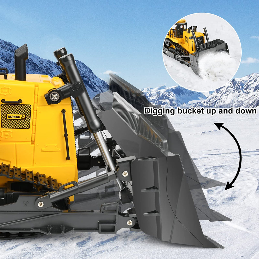 KidsFaves 11-channel RC bulldozer cockpit detail reflects authentic construction equipment.