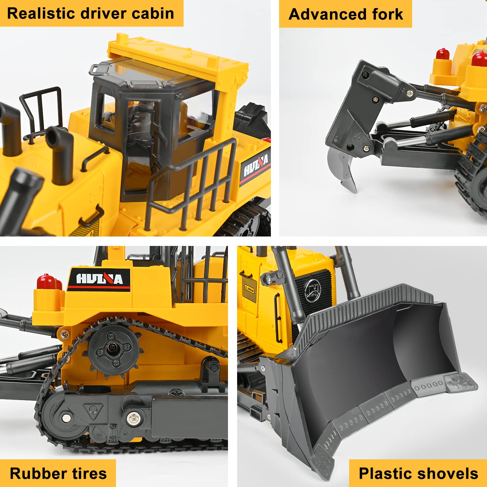 KidsFaves 11-channel RC bulldozer lights and sounds enhance nighttime pretend play.