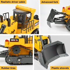 KidsFaves 11-channel RC bulldozer lights and sounds enhance nighttime pretend play.