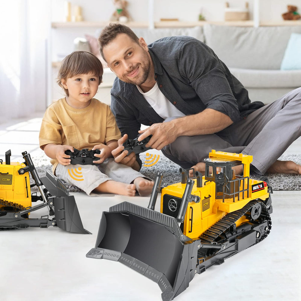 KidsFaves 11-channel RC bulldozer shovel lift and ripper adjustment for versatile tasks.