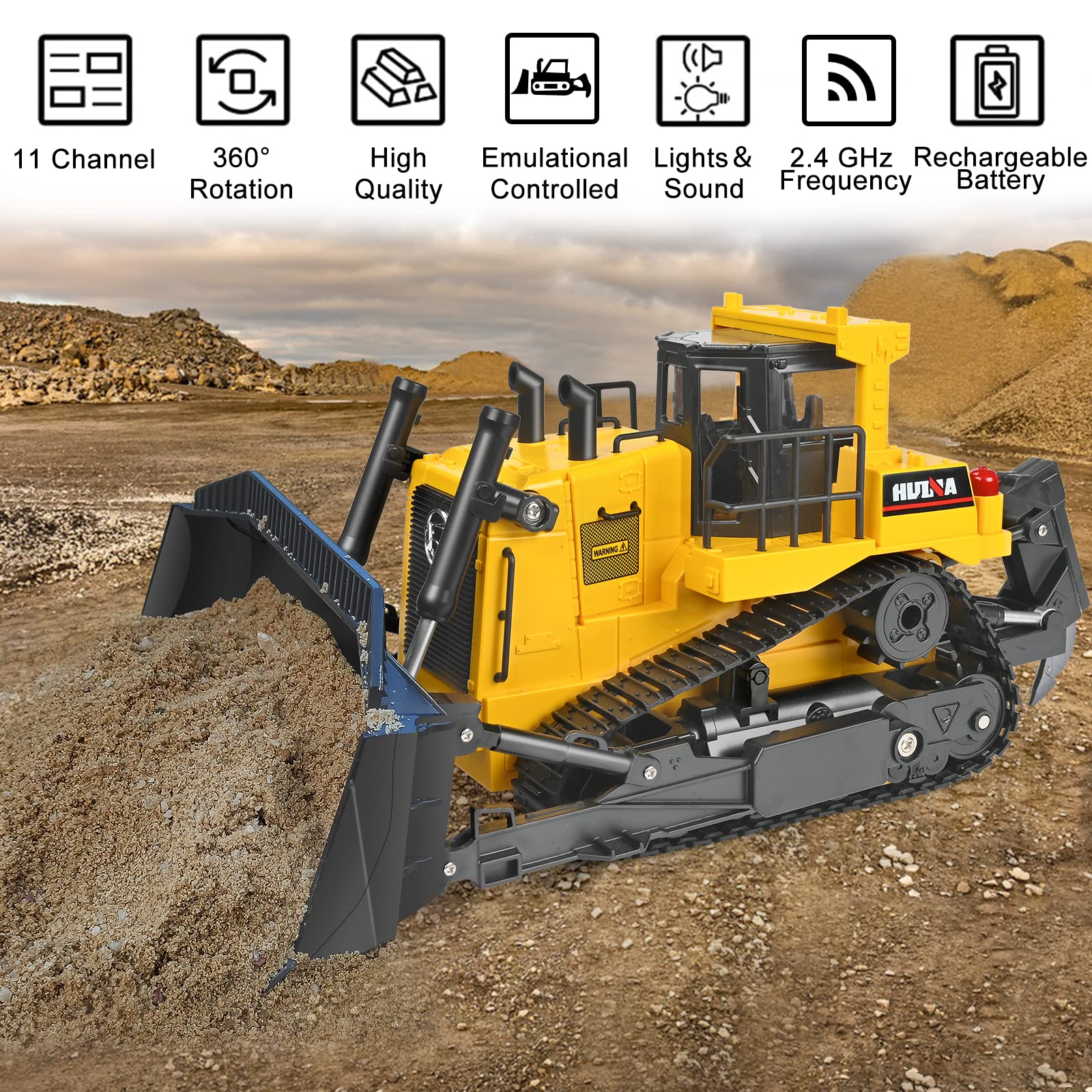 KidsFaves 11-channel RC bulldozer side view shows durable build for outdoor play.