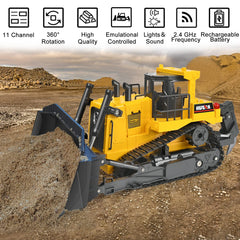 KidsFaves 11-channel RC bulldozer side view shows durable build for outdoor play.