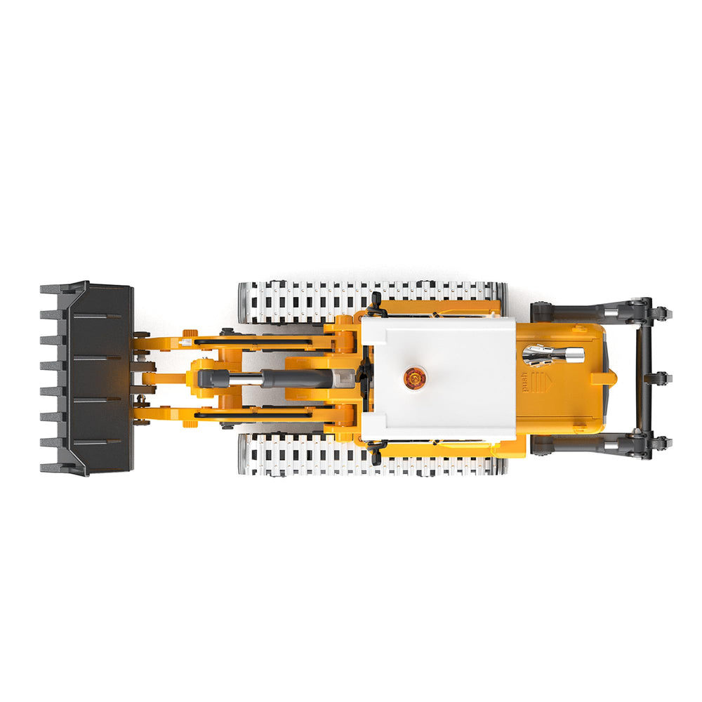 KidsFaves Pro-Grade RC loader bucket close-up highlights precision leadscrew action for digging.