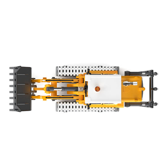 KidsFaves Pro-Grade RC loader bucket close-up highlights precision leadscrew action for digging.