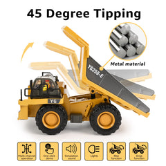 KidsFaves RC dump truck tilting bed at 45 degrees for easy unloads