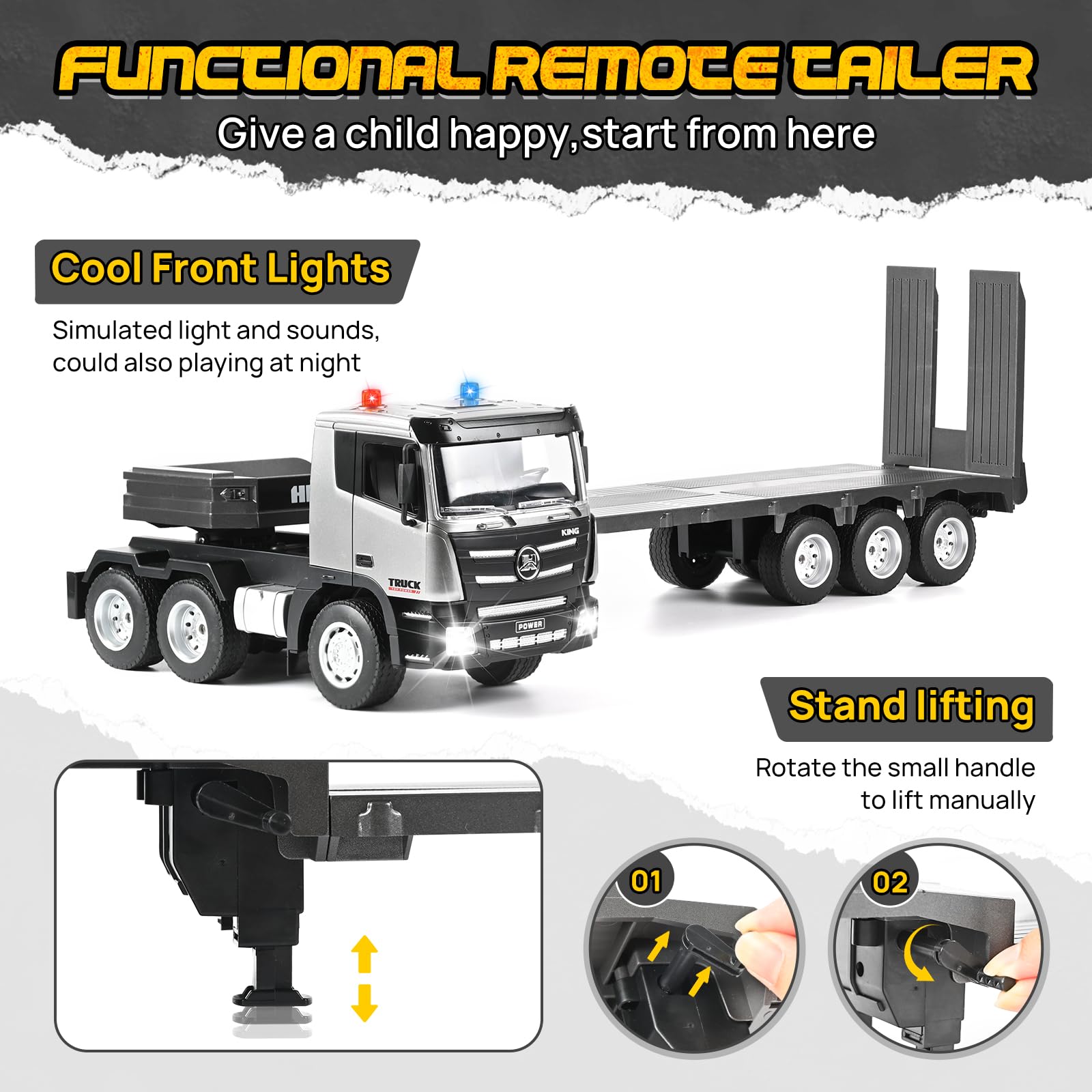 KidsFaves RC truck with extended trailer for long towing