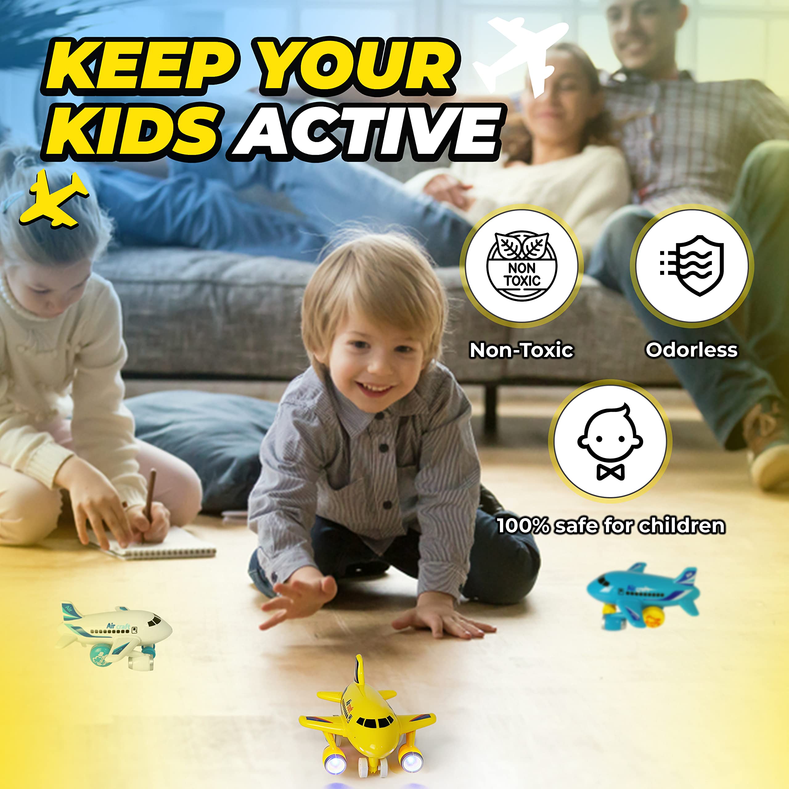 KIDSTHRILL yellow airplane toy, front view, bright colors for joyful play.