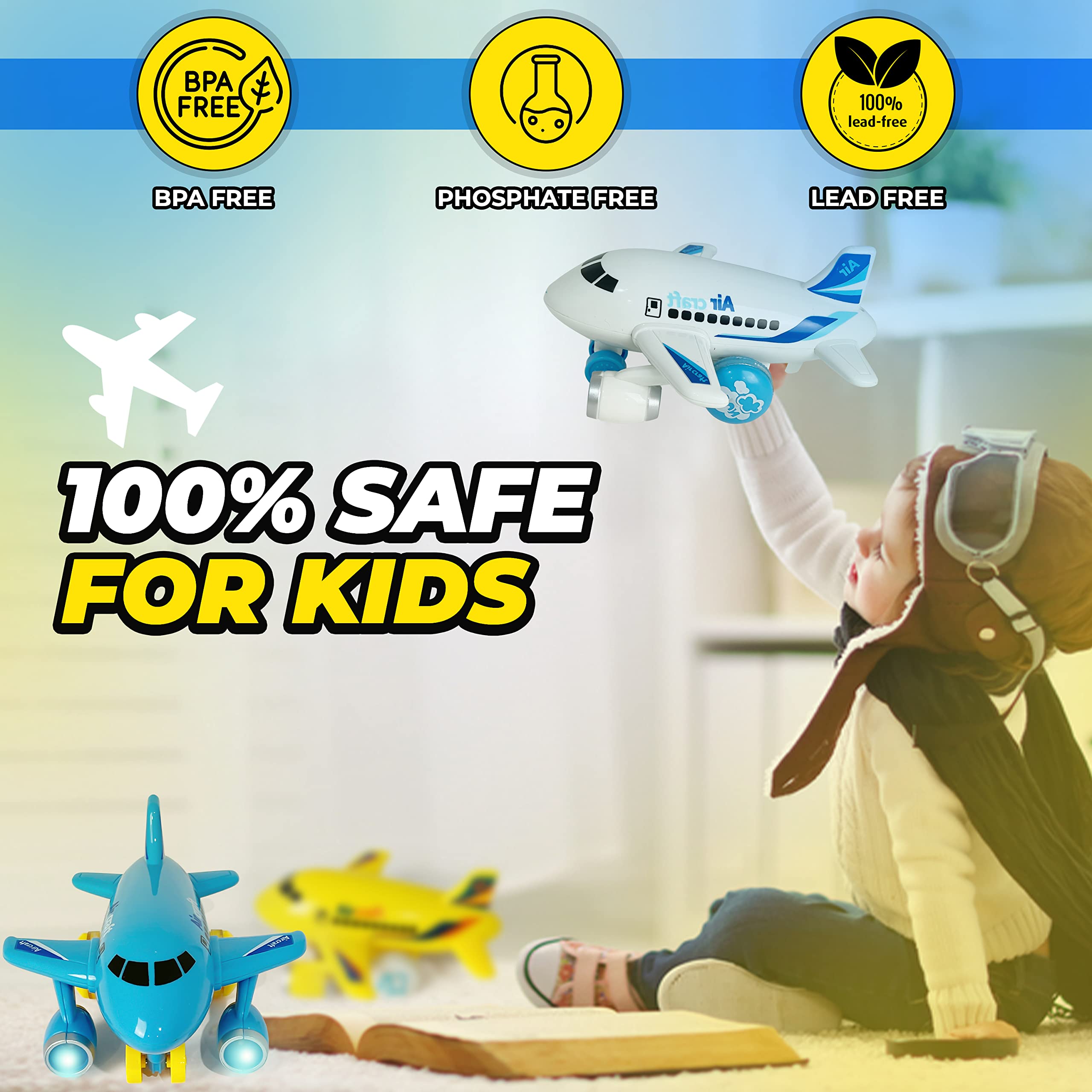 KIDSTHRILL yellow airplane toy, side view, action-packed learning moments.