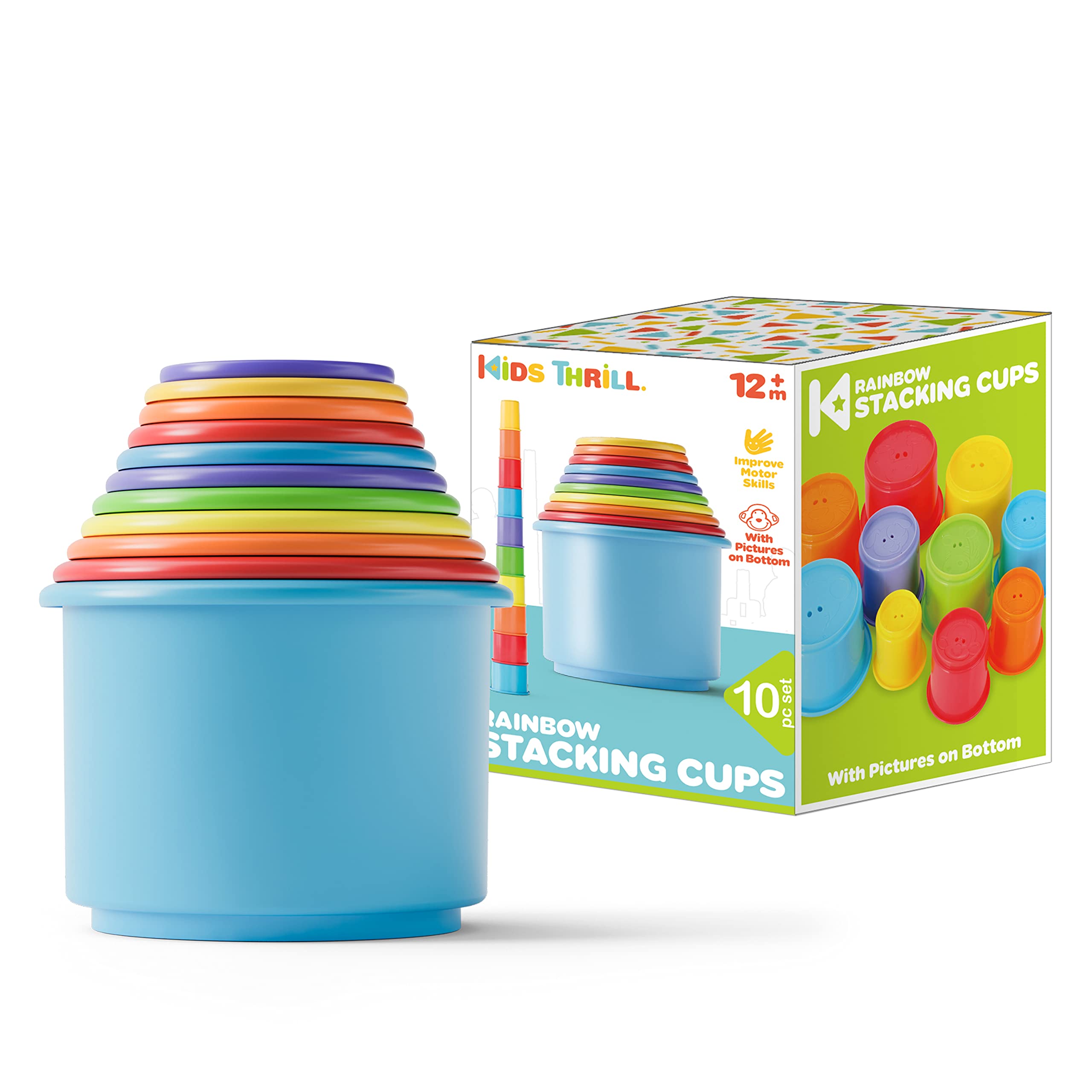 KIDSTHRILL rainbow stacking cups for bath play and color recognition.