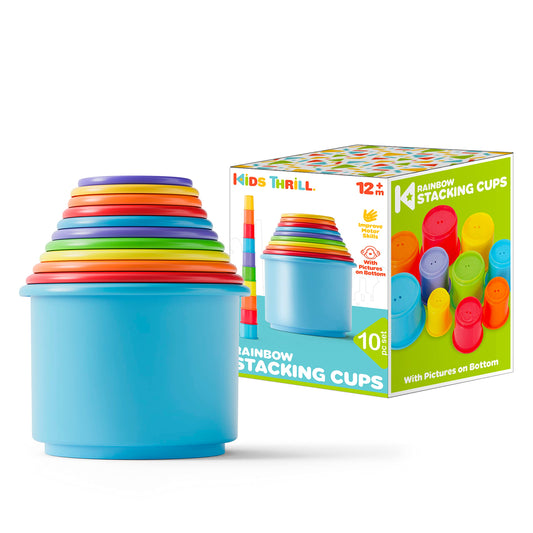 KIDSTHRILL rainbow stacking cups for bath play and color recognition.