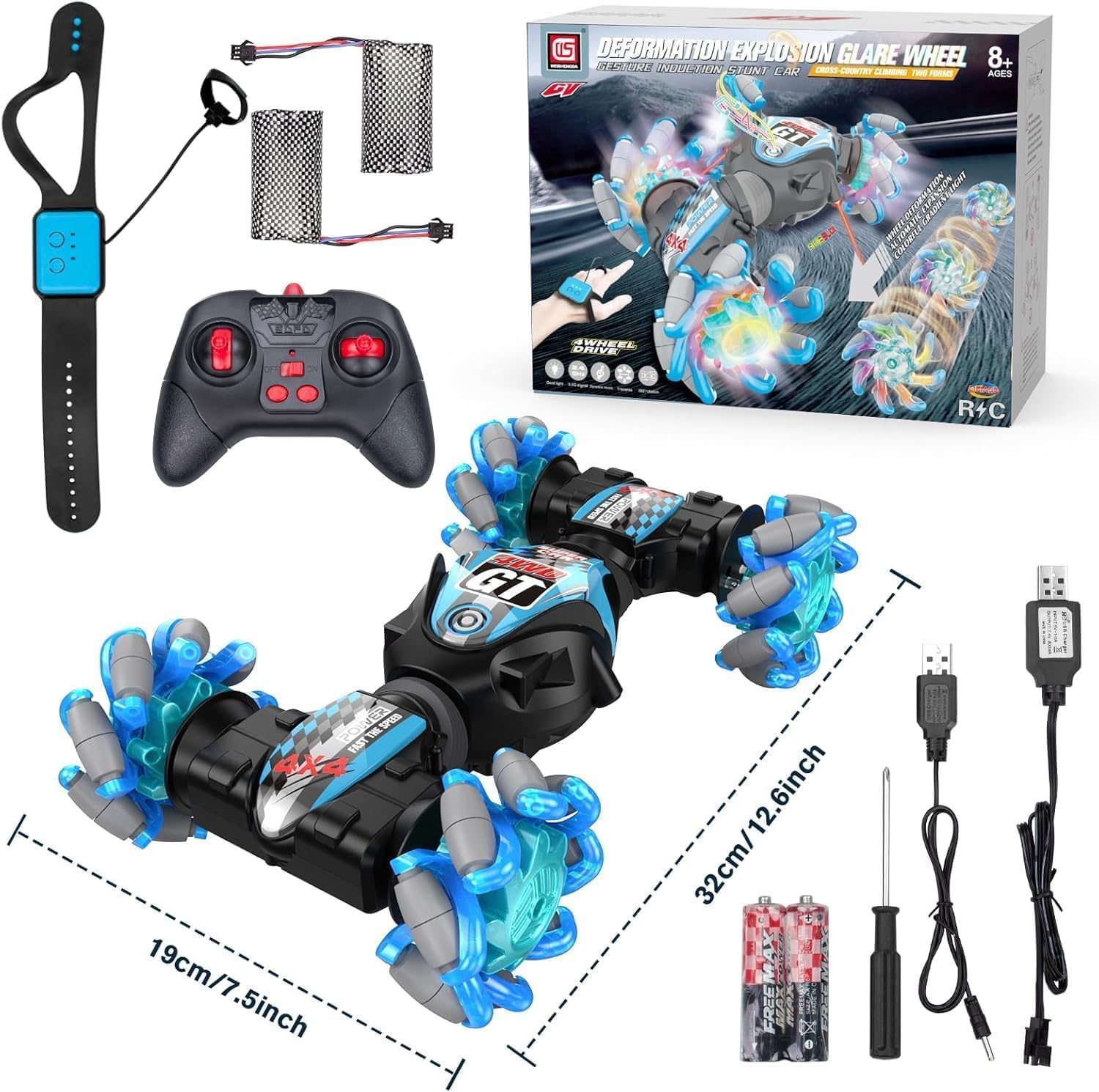 Kidstinct gesture-sensing RC stunt car blue, top view for easy storage.
