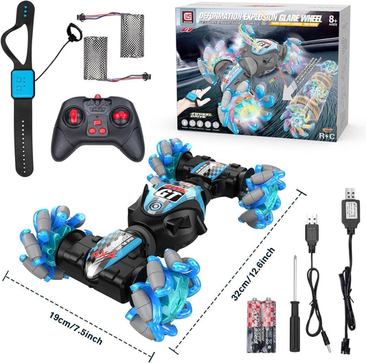 Kidstinct gesture-sensing RC stunt car blue, top view for easy storage.