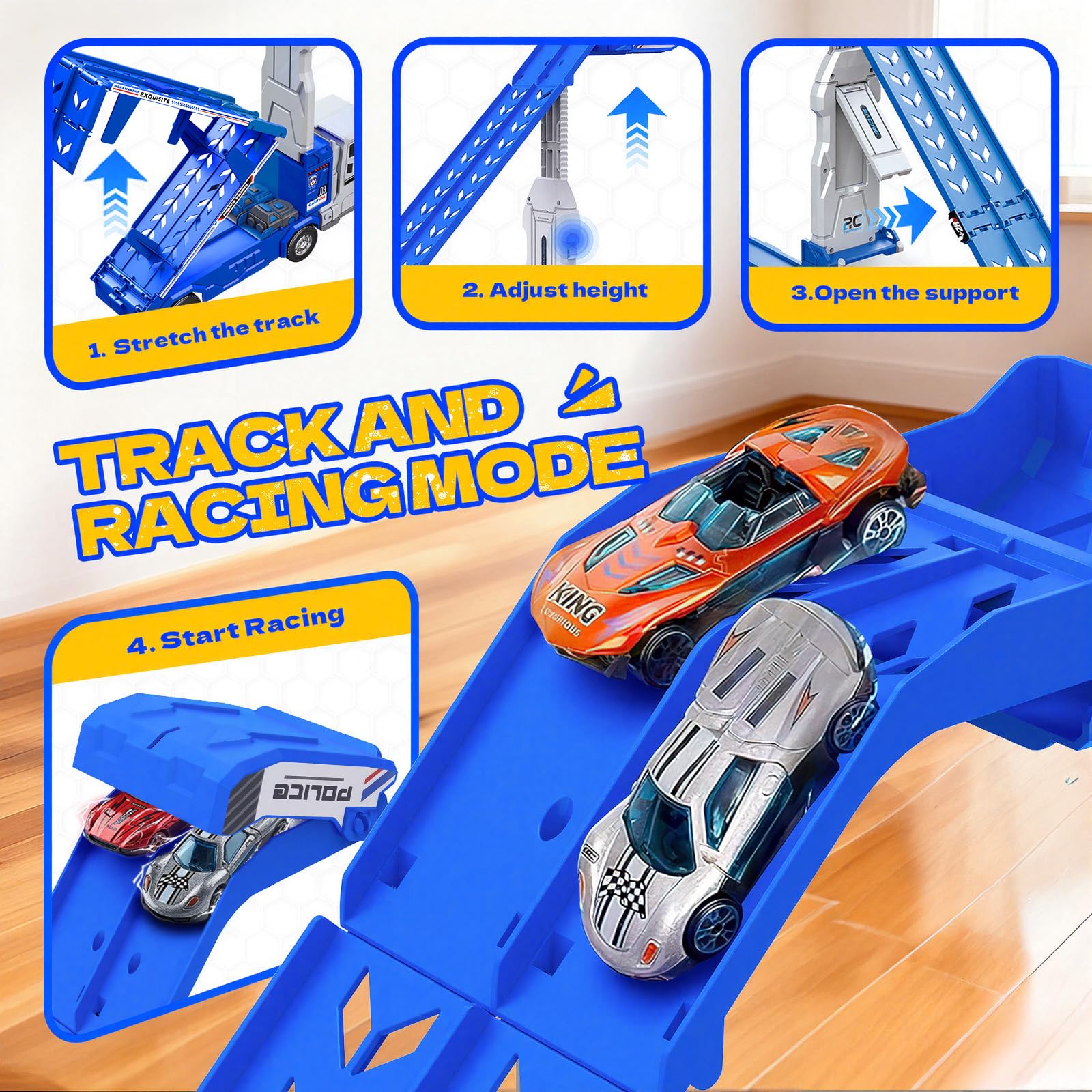 Kidstinct glide-out action lets cars roll smoothly for easy replays