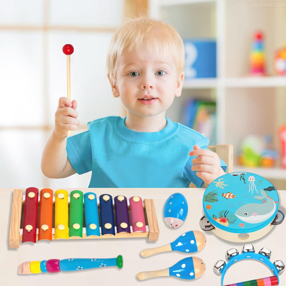 KIDS TOYLAND compact wooden percussion bag keeps instruments organized for travel.