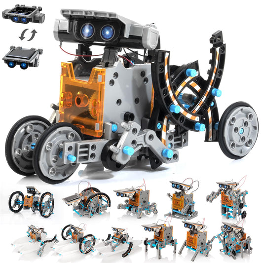 KIDWILL 14-in-1 solar robot kit with colorful assembly parts.