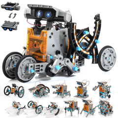 KIDWILL 14-in-1 solar robot kit with colorful assembly parts.