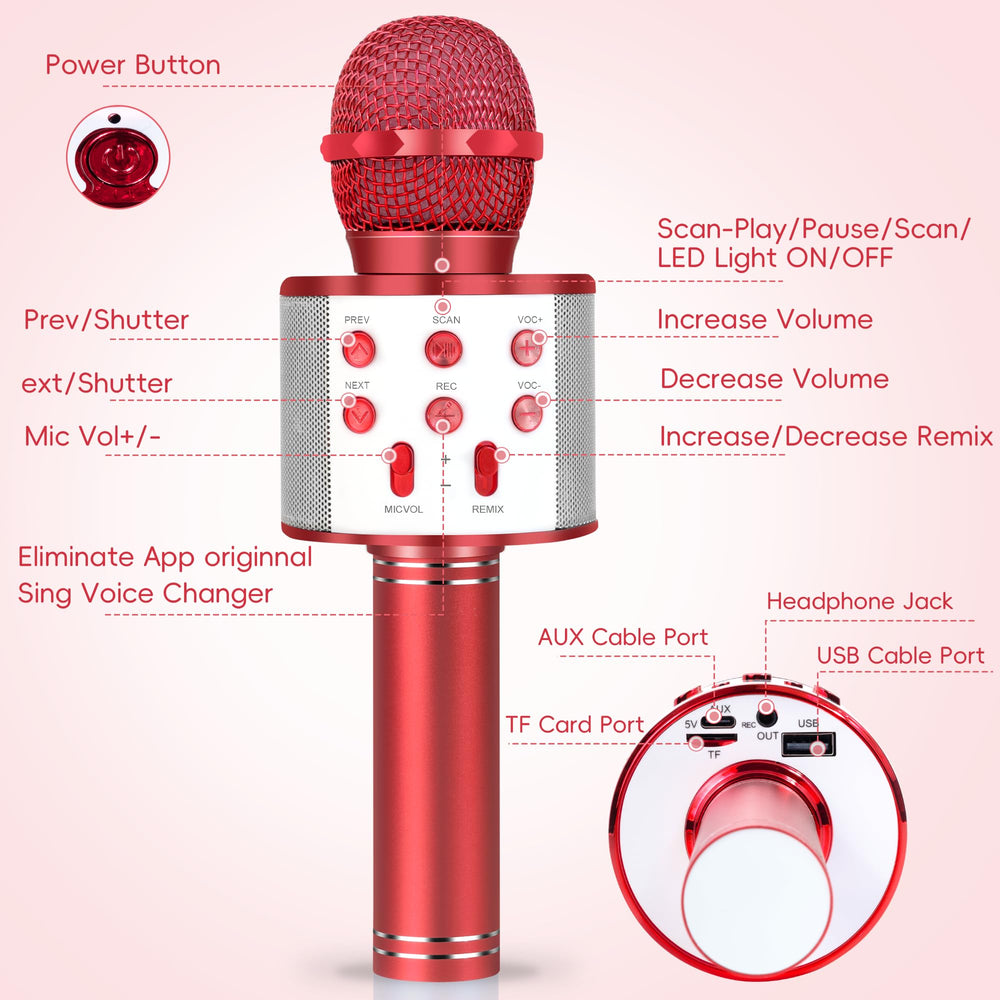 Battery indicator on KidWill red karaoke mic for long sessions