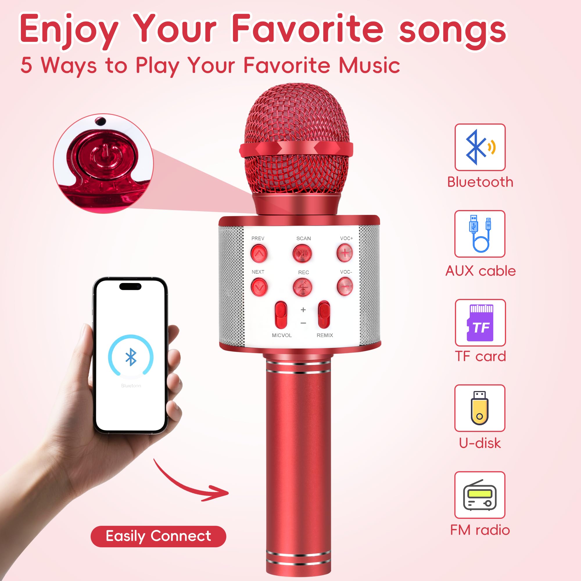 Close-up of controls on KidWill red karaoke mic for quick remix