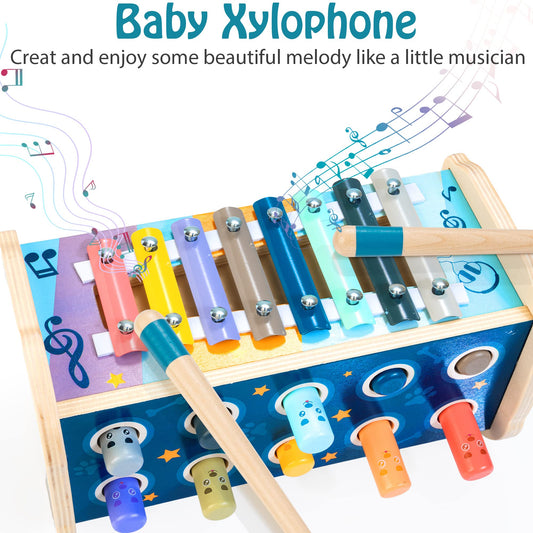 KIDWILL wooden puppy pounding board and xylophone invite music exploration.
