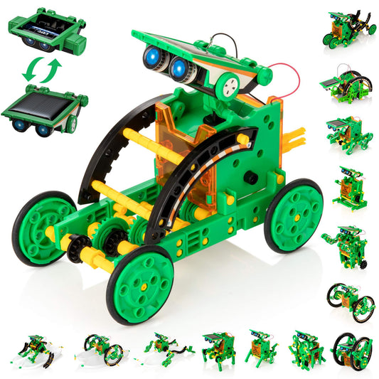 KIDWILL Solar Robot Kit layout with parts to build 14 models.