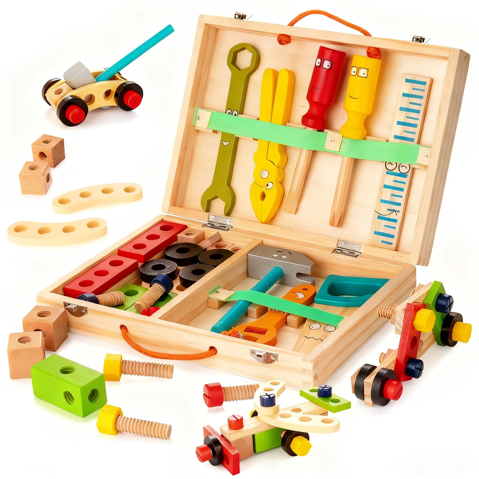 KIDWILL wooden toolbox with colorful tools for pretend play and organization.