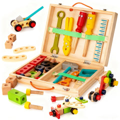 KIDWILL wooden toolbox with colorful tools for pretend play and organization.