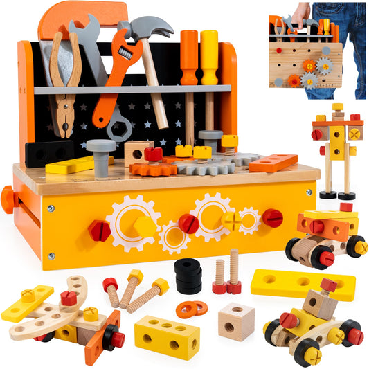 KIDWILL wooden tool bench closed, portable playset for screen-free pretend play