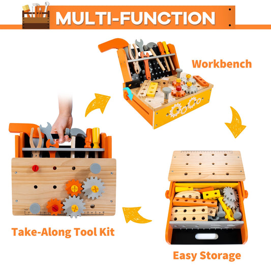 KIDWILL wooden tool bench open workbench showing 2-in-1 design for versatile play