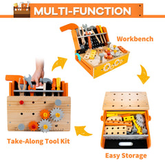 KIDWILL wooden tool bench open workbench showing 2-in-1 design for versatile play
