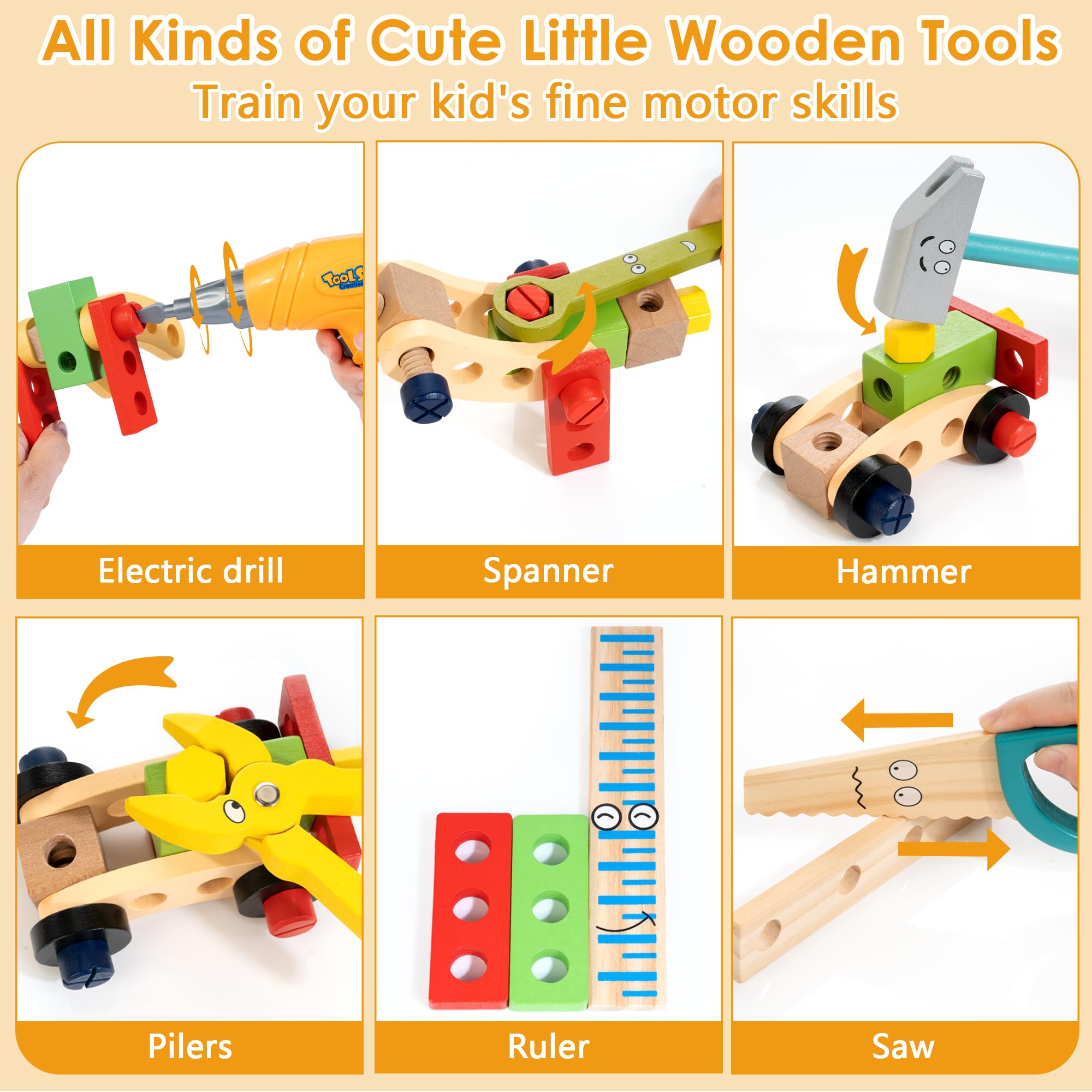 KIDWILL wooden toolbox keeps tools organized for kids.
