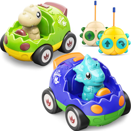 Kidz do dinosaur RC car green blue front view for shared play on flat surfaces.