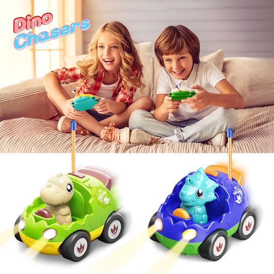 Kidz do dinosaur RC car green blue side view highlighting two-car control.