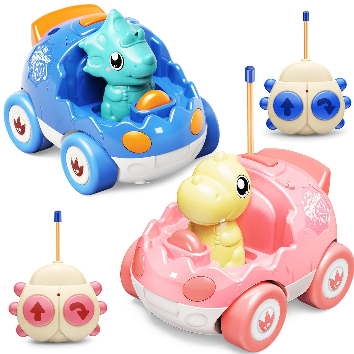 Kidz do two-pack pink dinosaur RC car front view for shared play.